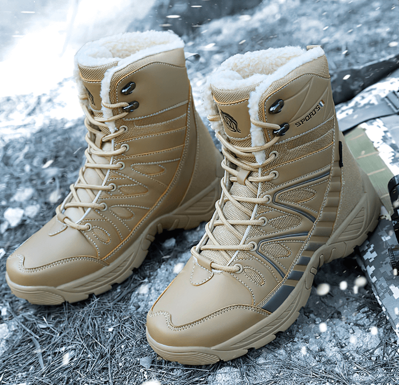 Waterproof leather military snow boots with anti-slip soles and warm plush, ideal for winter terrain. Model SF0804 displayed on snowy ground.